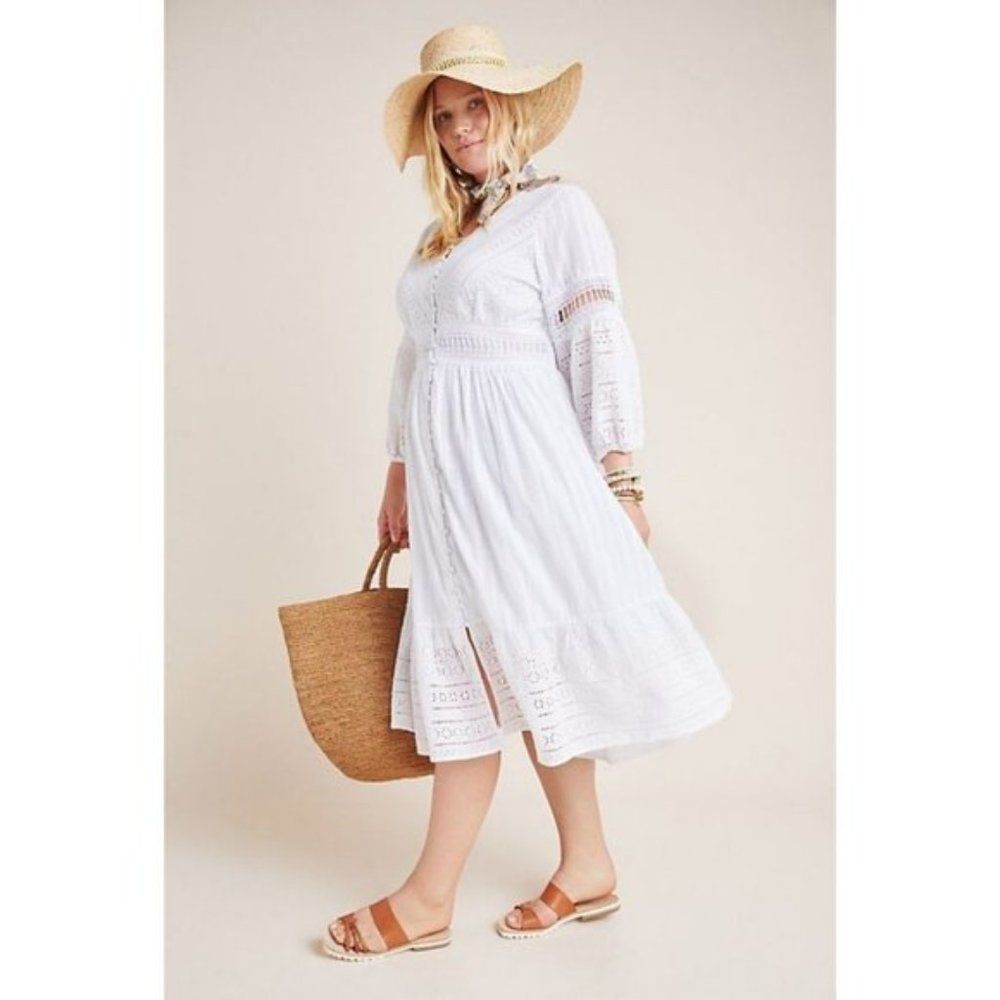 NWT A+ ANTHROPOLOGIE Ebba Eyelet Dress White Cotton Boho Hippie Peasant Size 24W